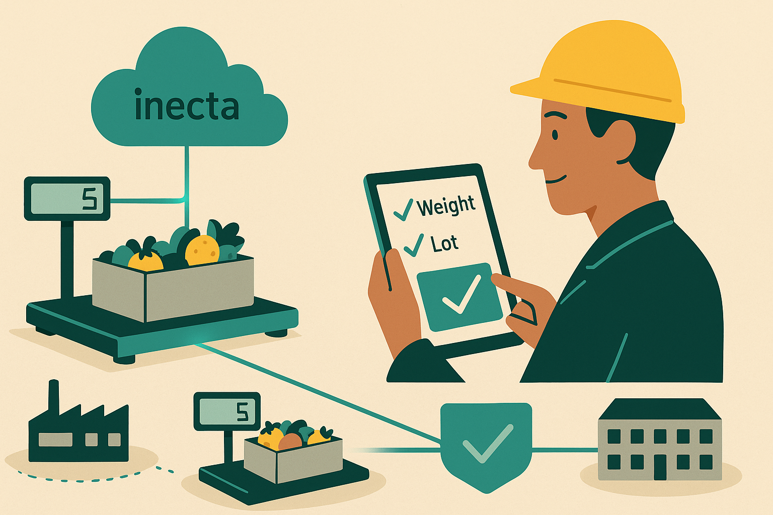 Flat illustration of produce compliance officer reviewing accurate digital weight and lot records in inecta Food ERP.