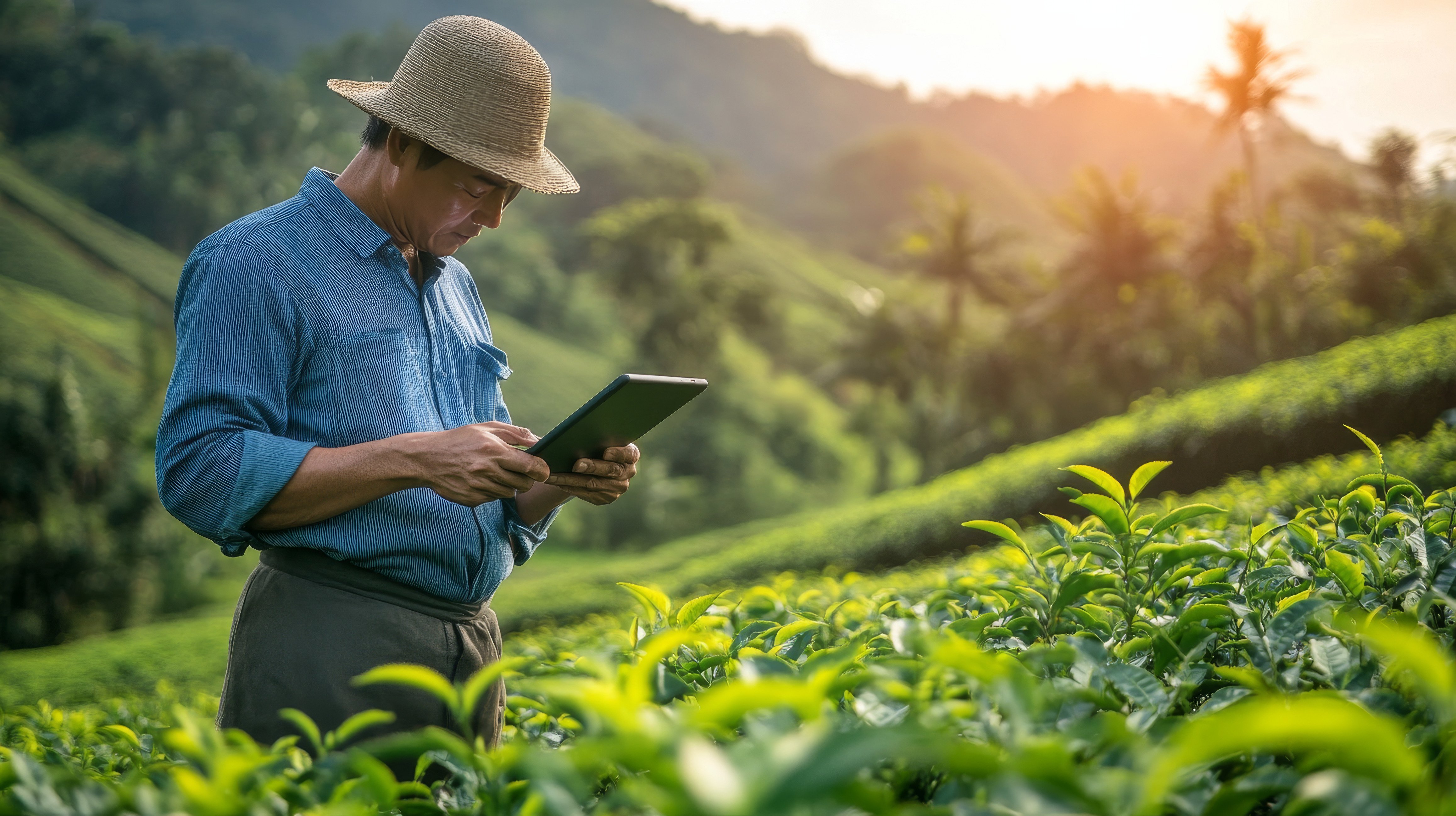 Farmer using a mobile ERP app on a smartphone in an agricultural field