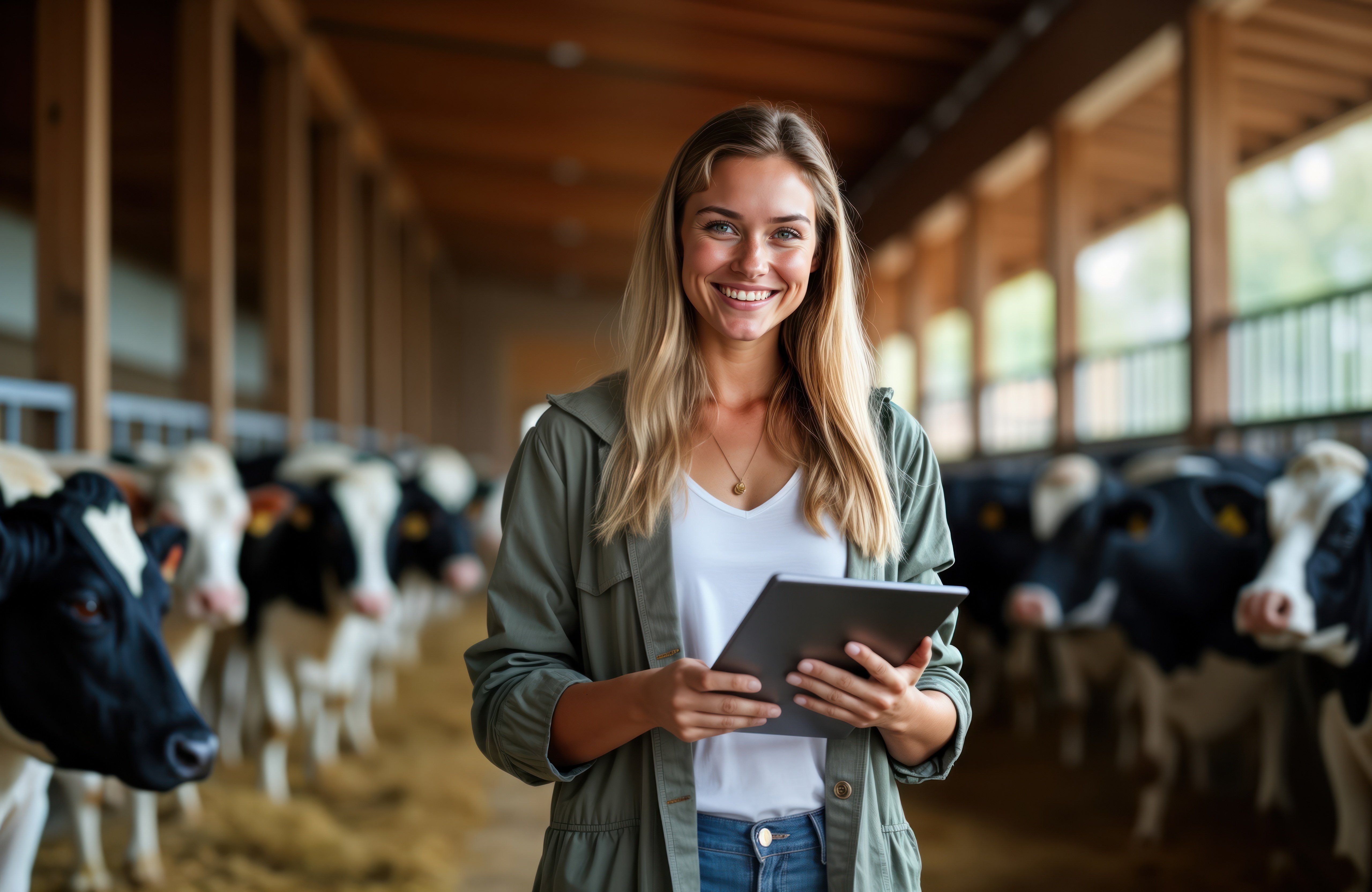 Worker using a mobile ERP app on a tablet in a cattle farm pen