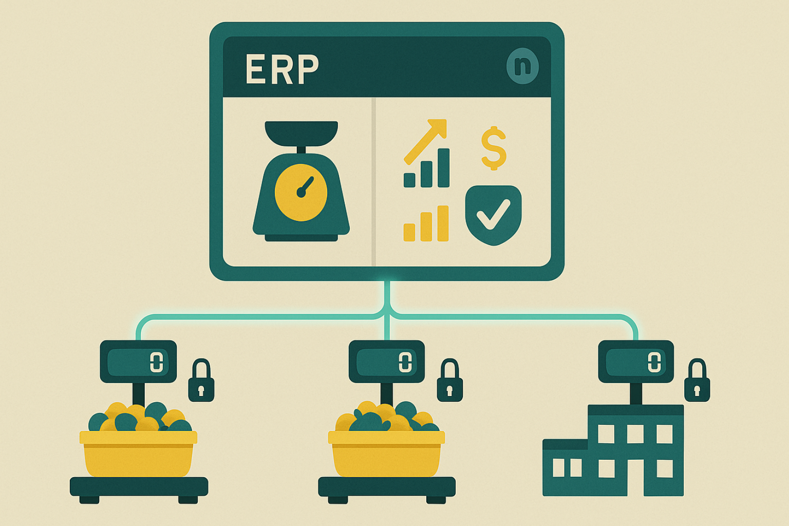 Flat illustration of live scale data updating yield and cost metrics inside inecta ERP dashboard.