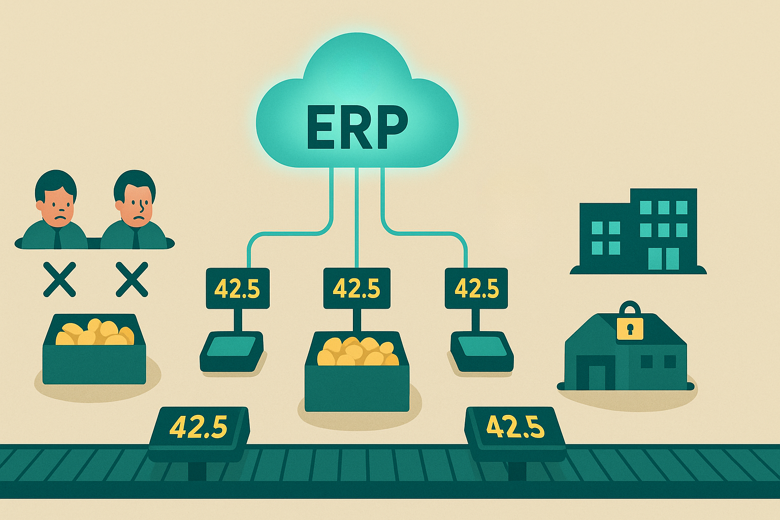 Flat illustration showing connected produce scales feeding live data to inecta Food ERP dashboard.